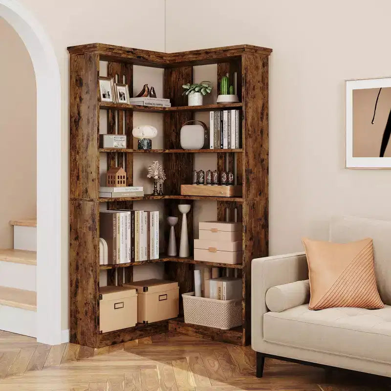 72 L-Shaped Corner Bookshelf, 5-Tier Wood Bookcase for Living Room/Office, Rustic Storage Shelf with Anti-Tip Design, Easy Assembly, Half-Back Style