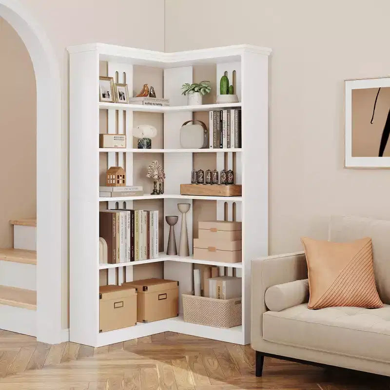 72 L-Shaped Corner Bookshelf, 5-Tier Wood Bookcase for Living Room/Office, Rustic Storage Shelf with Anti-Tip Design, Easy Assembly, Half-Back Style