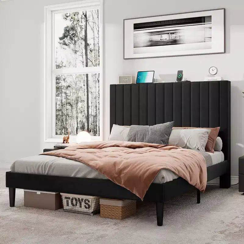 AMERLIFE Bed Frame, Velvet Upholstered Platform Bed with Channel Tufted Headboard
