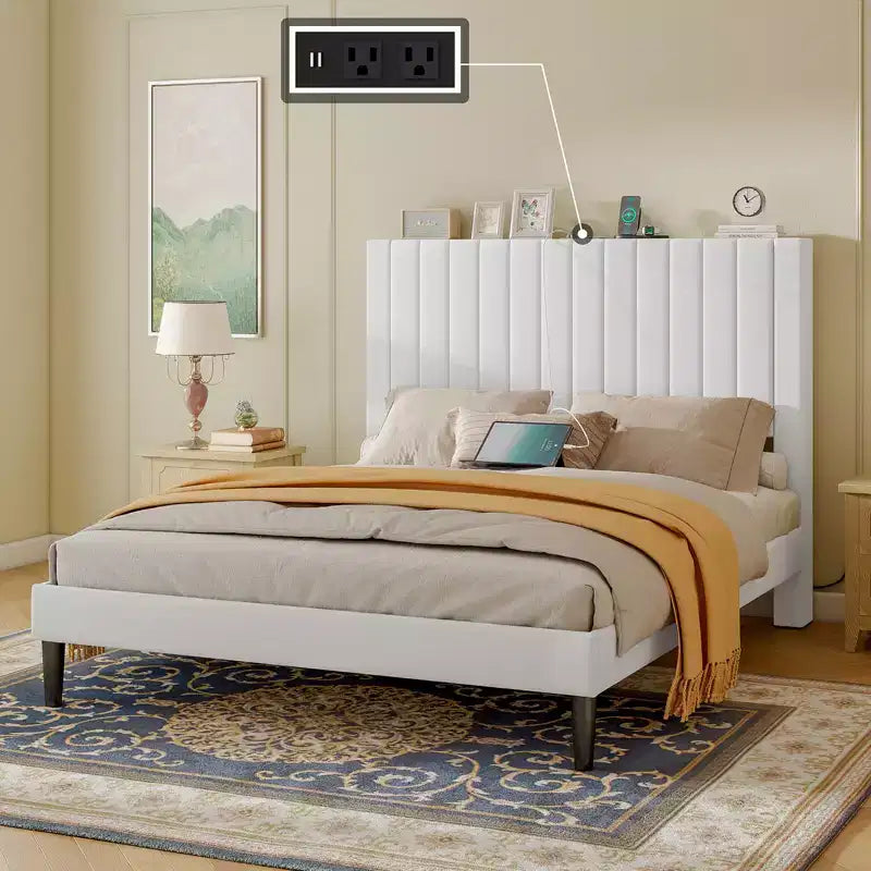 AMERLIFE Bed Frame, Velvet Upholstered Platform Bed with Channel Tufted Headboard