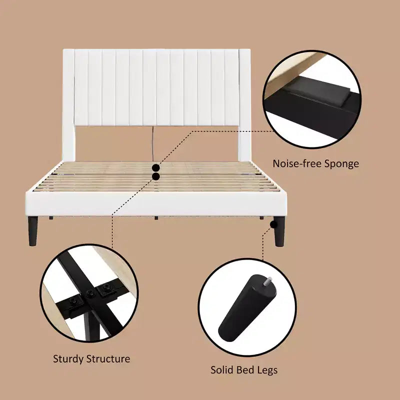 AMERLIFE Bed Frame, Velvet Upholstered Platform Bed with Channel Tufted Headboard