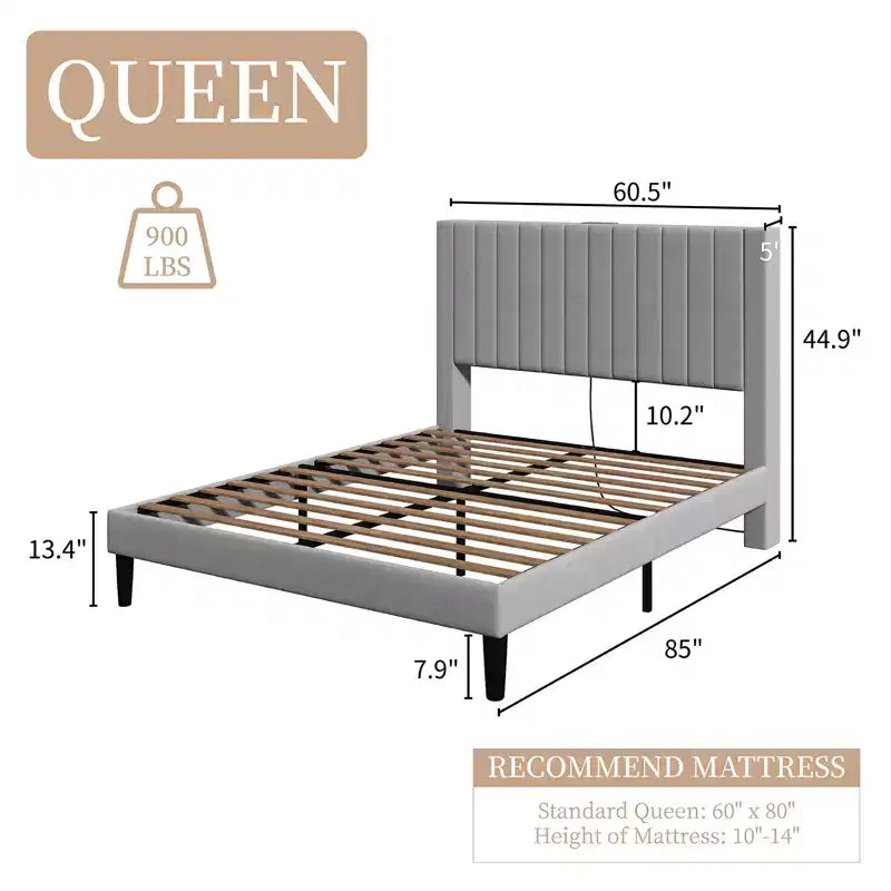 AMERLIFE Bed Frame, Velvet Upholstered Platform Bed with Channel Tufted Headboard