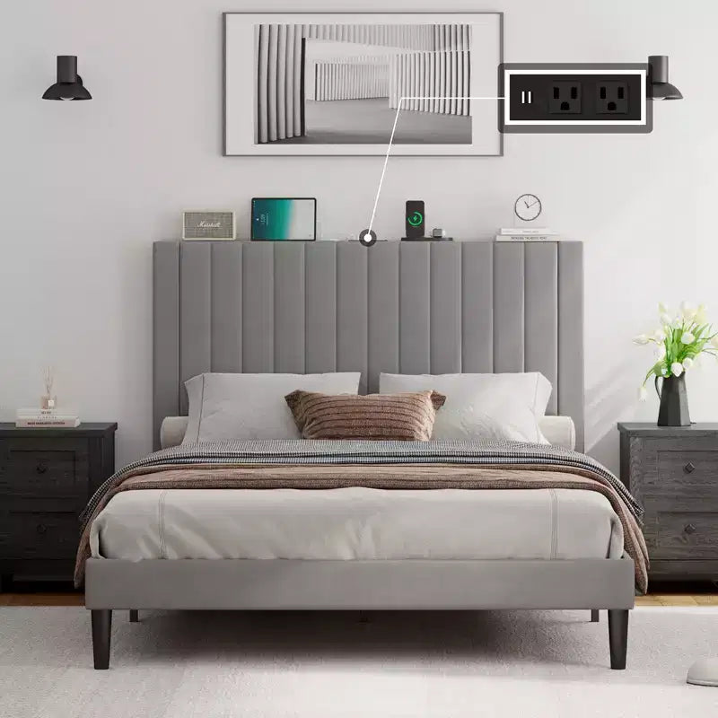 AMERLIFE Bed Frame, Velvet Upholstered Platform Bed with Channel Tufted Headboard