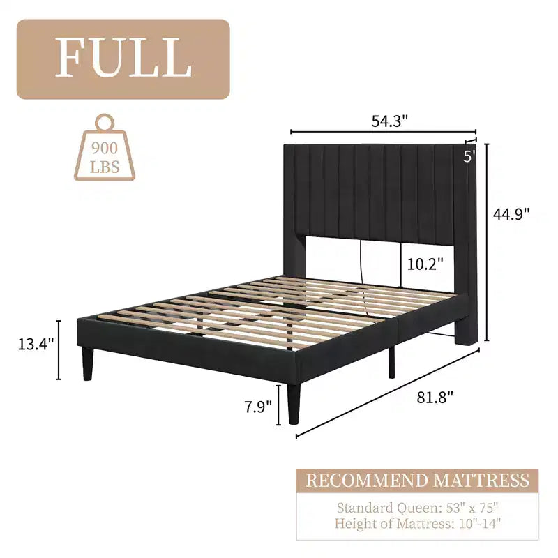 AMERLIFE Bed Frame, Velvet Upholstered Platform Bed with Channel Tufted Headboard