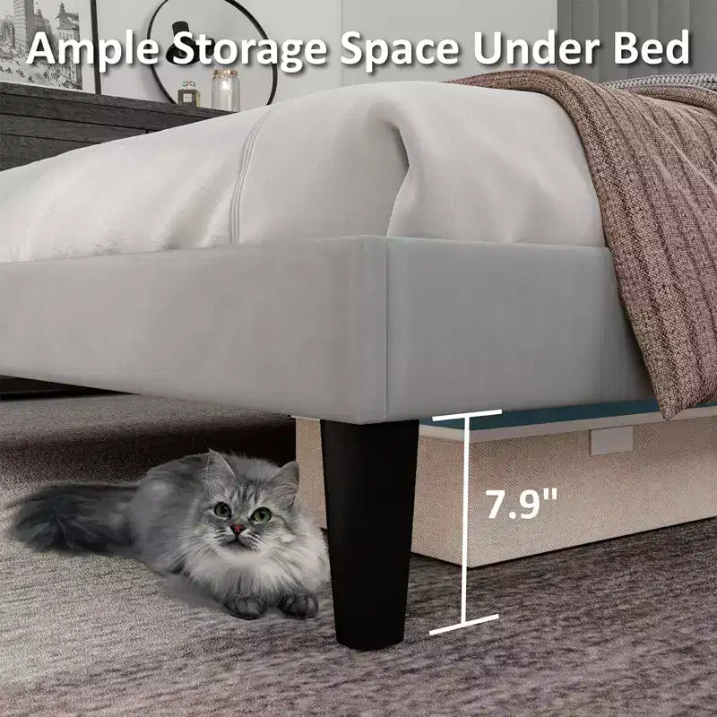 AMERLIFE Bed Frame, Velvet Upholstered Platform Bed with Channel Tufted Headboard
