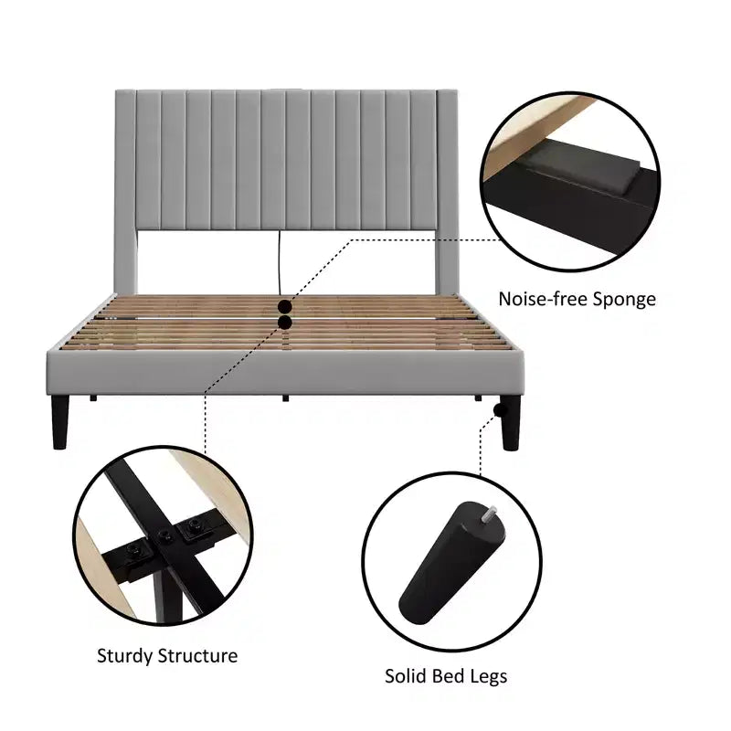 AMERLIFE Bed Frame, Velvet Upholstered Platform Bed with Channel Tufted Headboard