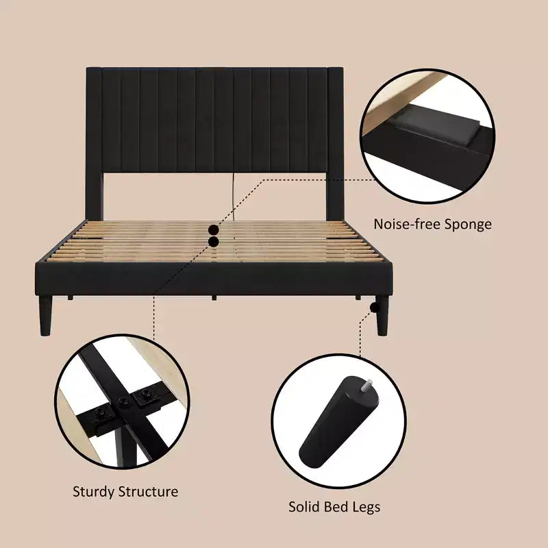 AMERLIFE Bed Frame, Velvet Upholstered Platform Bed with Channel Tufted Headboard