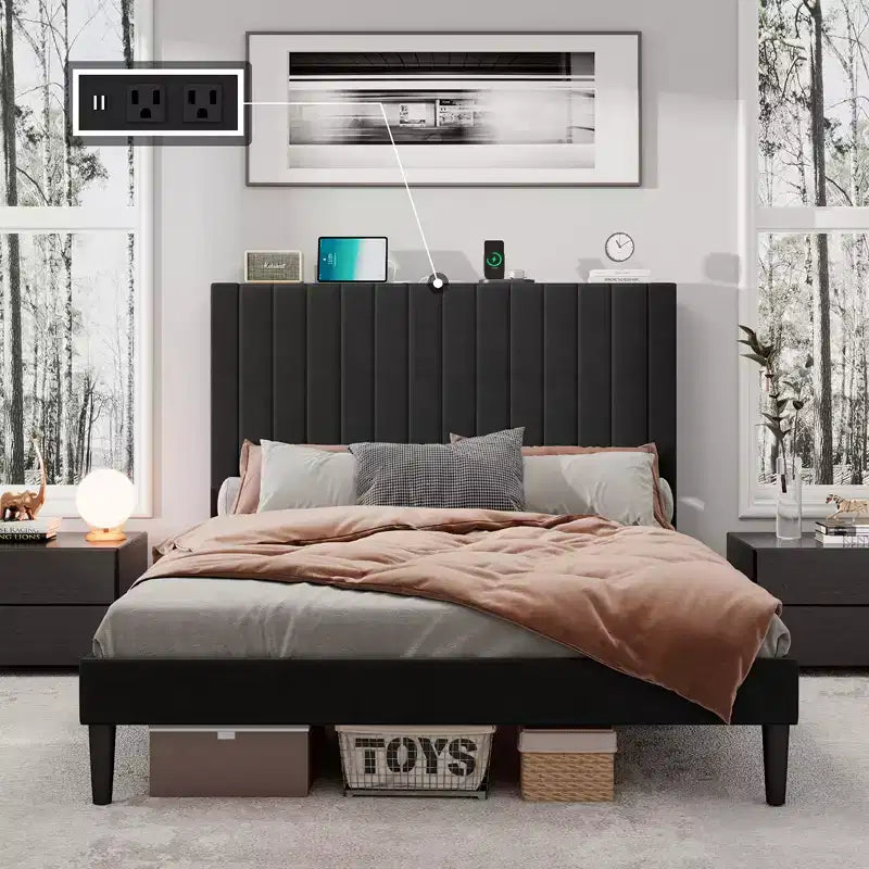 AMERLIFE Bed Frame, Velvet Upholstered Platform Bed with Channel Tufted Headboard
