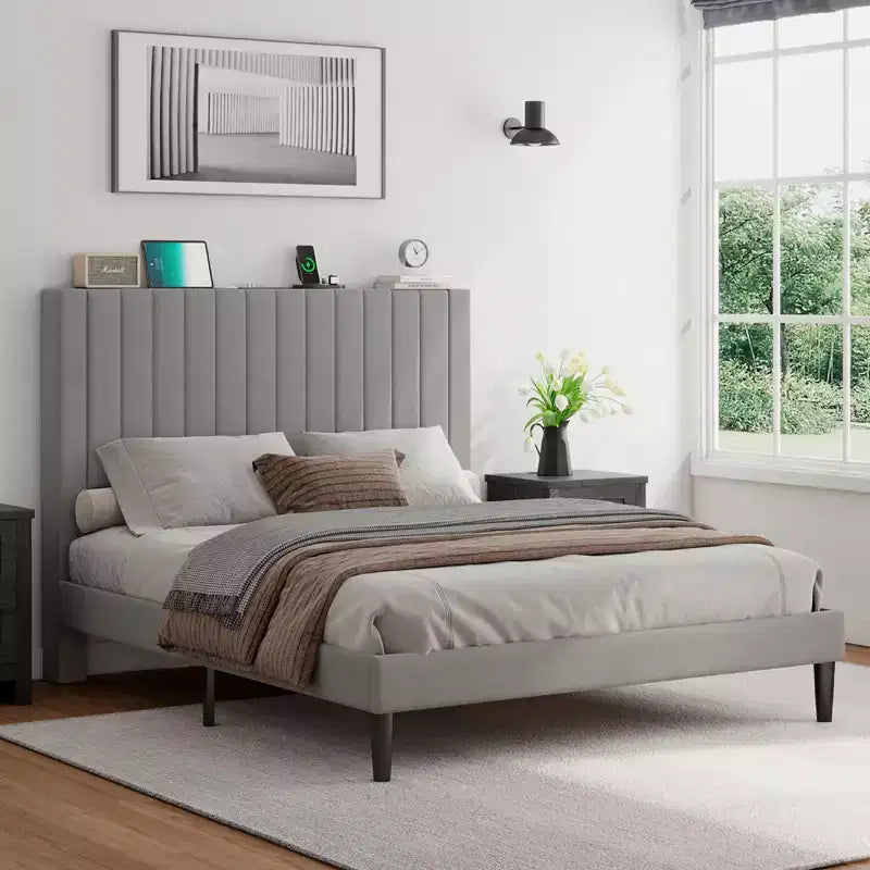 AMERLIFE Bed Frame, Velvet Upholstered Platform Bed with Channel Tufted Headboard