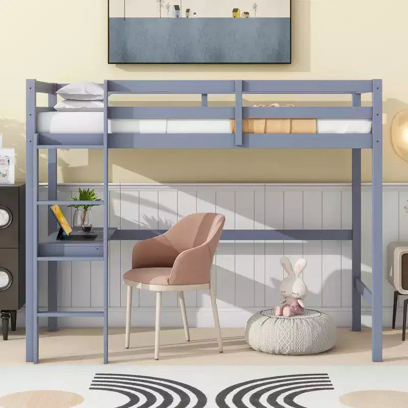 MAYEERTY Twin High Loft Bed, Rubber Wood Loft Bed with Safety Guardrail, Bulit-in Desk Gray