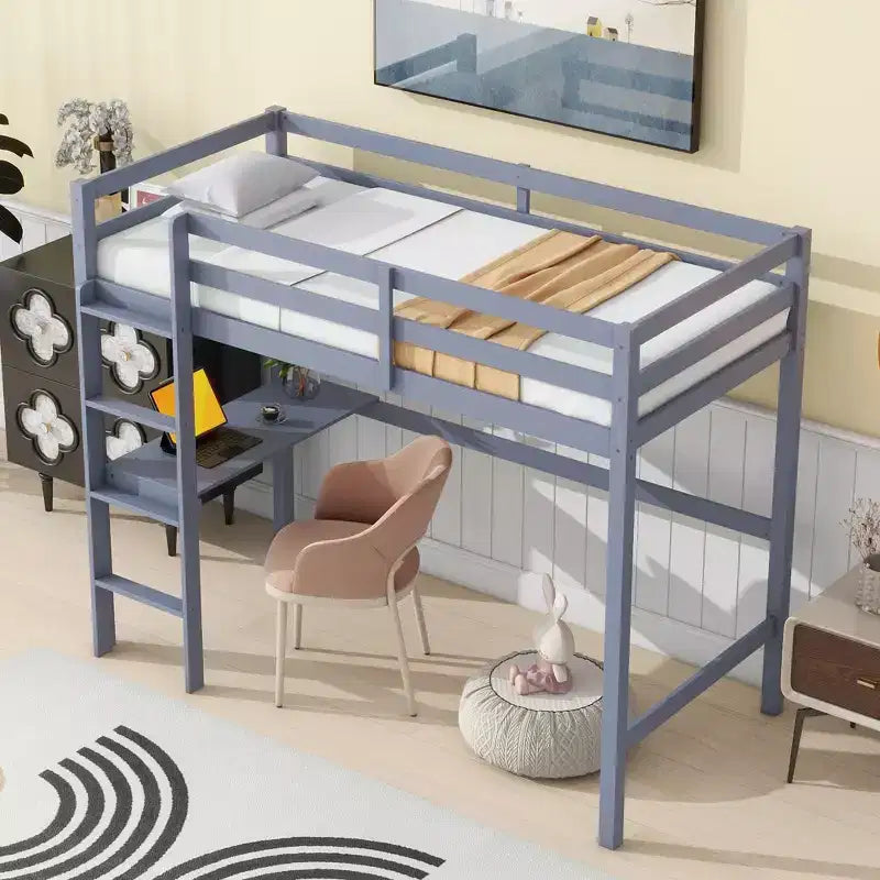 MAYEERTY Twin High Loft Bed, Rubber Wood Loft Bed with Safety Guardrail, Bulit-in Desk Gray