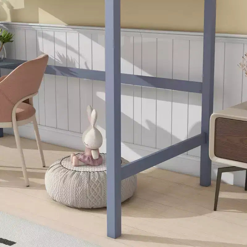 MAYEERTY Twin High Loft Bed, Rubber Wood Loft Bed with Safety Guardrail, Bulit-in Desk Gray