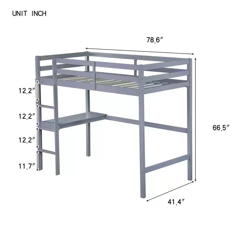 MAYEERTY Twin High Loft Bed, Rubber Wood Loft Bed with Safety Guardrail, Bulit-in Desk Gray