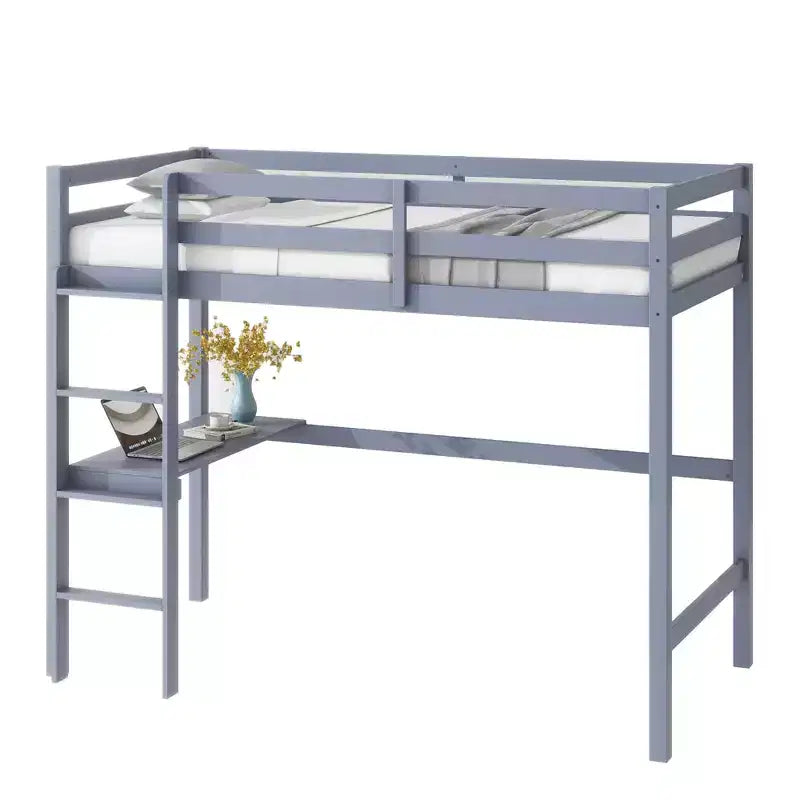 MAYEERTY Twin High Loft Bed, Rubber Wood Loft Bed with Safety Guardrail, Bulit-in Desk Gray