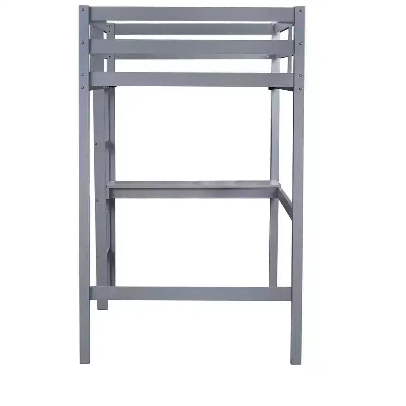 MAYEERTY Twin High Loft Bed, Rubber Wood Loft Bed with Safety Guardrail, Bulit-in Desk Gray