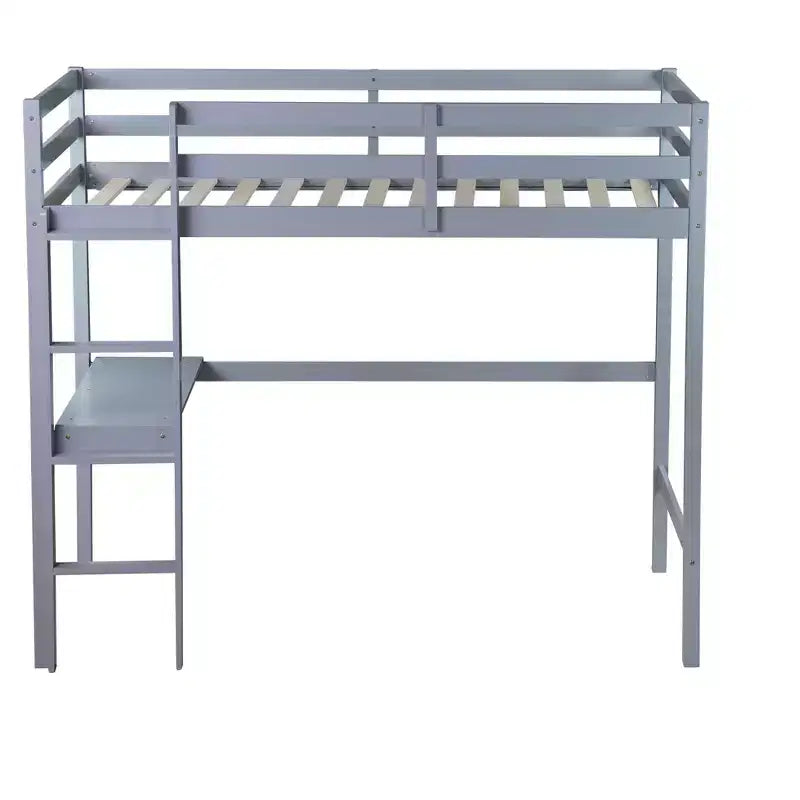 MAYEERTY Twin High Loft Bed, Rubber Wood Loft Bed with Safety Guardrail, Bulit-in Desk Gray