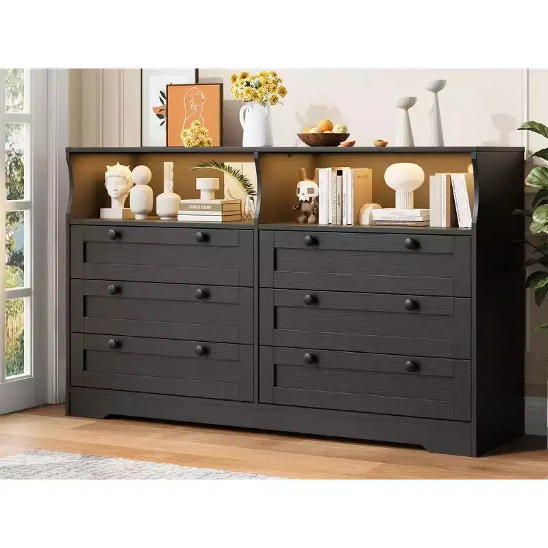 Modern 6 Drawer Dresser with Power Outlet & LED Lights, Large Wooden Dresser for Bedroom, TV Stand Storage Chest, Double Row Drawers with Handles