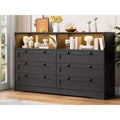 Modern 6 Drawer Dresser with Power Outlet & LED Lights, Large Wooden Dresser for Bedroom, TV Stand Storage Chest, Double Row Drawers with Handles