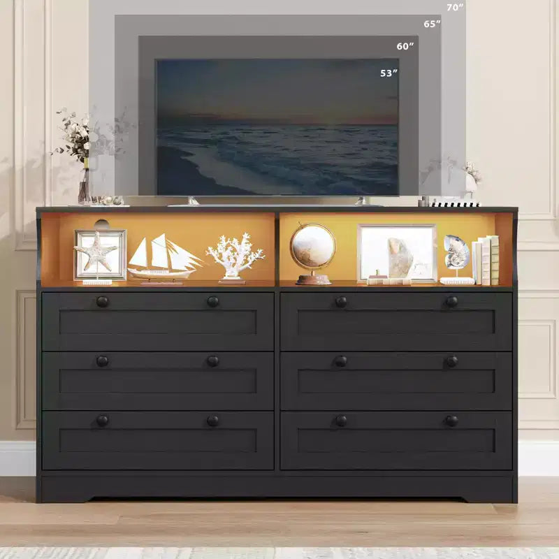 Modern 6 Drawer Dresser with Power Outlet & LED Lights, Large Wooden Dresser for Bedroom, TV Stand Storage Chest, Double Row Drawers with Handles