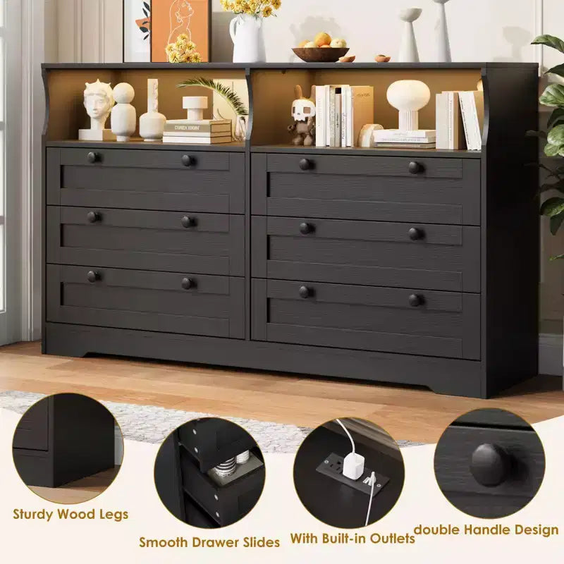 Modern 6 Drawer Dresser with Power Outlet & LED Lights, Large Wooden Dresser for Bedroom, TV Stand Storage Chest, Double Row Drawers with Handles