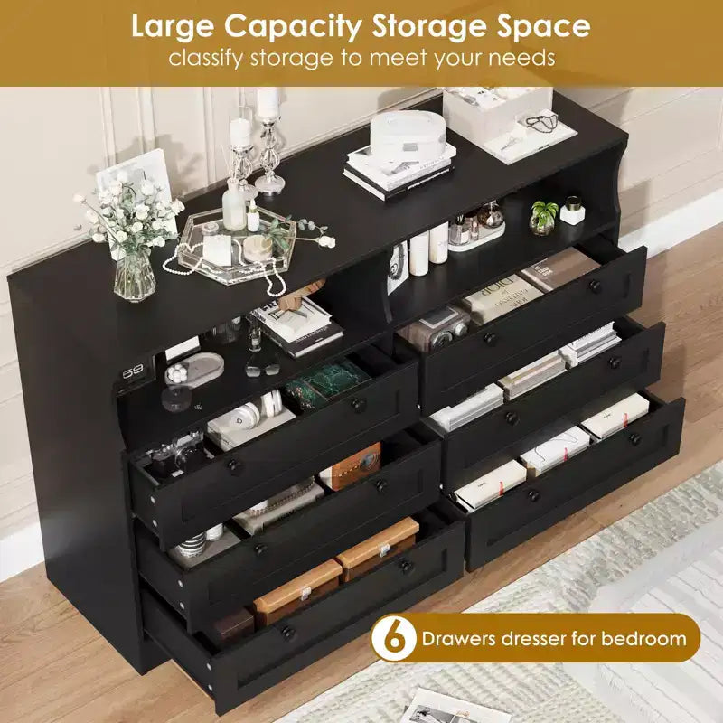 Modern 6 Drawer Dresser with Power Outlet & LED Lights, Large Wooden Dresser for Bedroom, TV Stand Storage Chest, Double Row Drawers with Handles