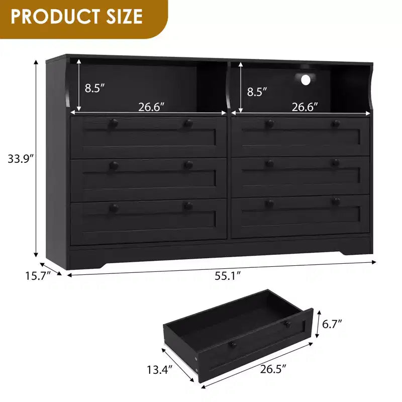 Modern 6 Drawer Dresser with Power Outlet & LED Lights, Large Wooden Dresser for Bedroom, TV Stand Storage Chest, Double Row Drawers with Handles