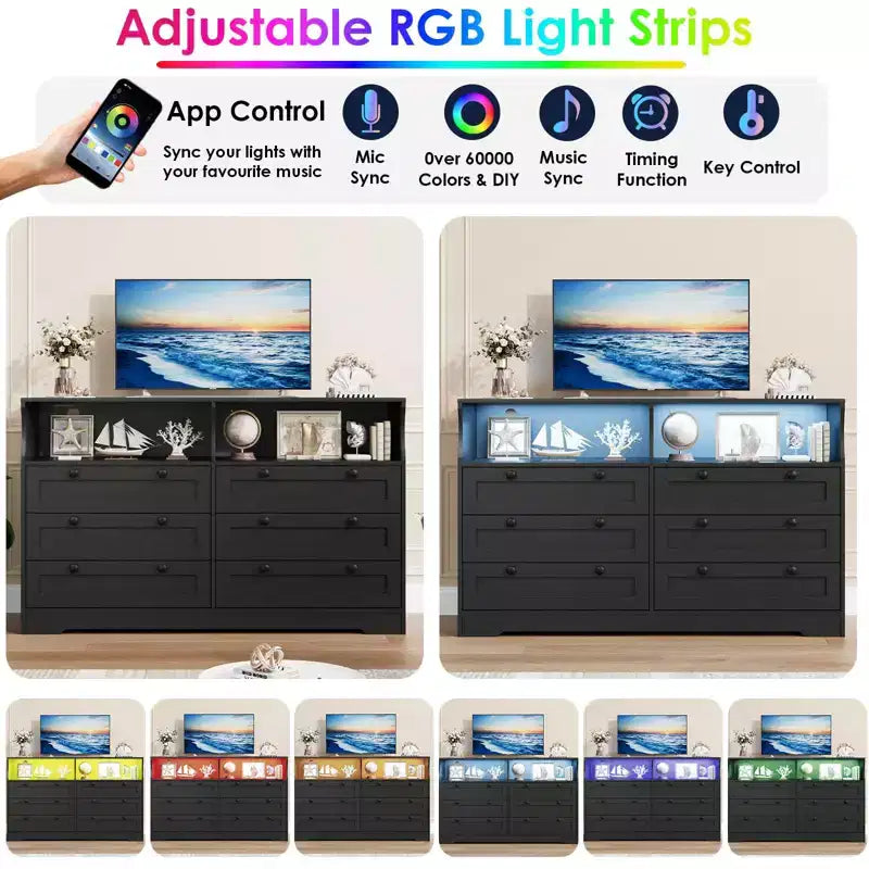 Modern 6 Drawer Dresser with Power Outlet & LED Lights, Large Wooden Dresser for Bedroom, TV Stand Storage Chest, Double Row Drawers with Handles
