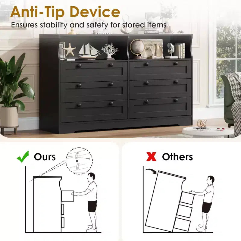 Modern 6 Drawer Dresser with Power Outlet & LED Lights, Large Wooden Dresser for Bedroom, TV Stand Storage Chest, Double Row Drawers with Handles