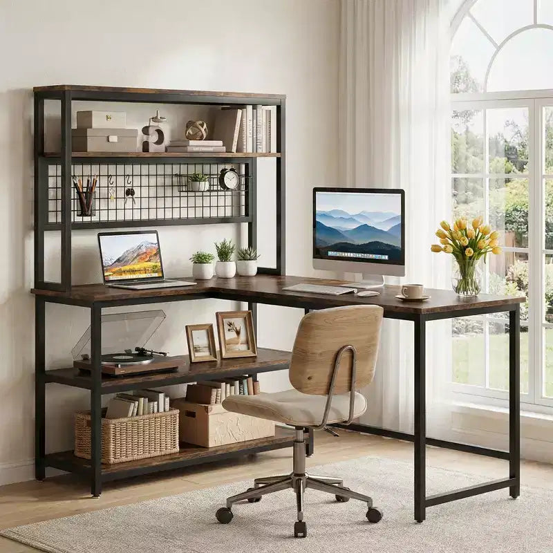 MAYEERTY 55 Large L-Shaped Office Desk with Built-In Charger, Waterproof Dustproof Corner Workstation with Storage Bookshelf for Home & Office