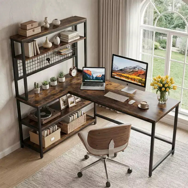 MAYEERTY 55 Large L-Shaped Office Desk with Built-In Charger, Waterproof Dustproof Corner Workstation with Storage Bookshelf for Home & Office