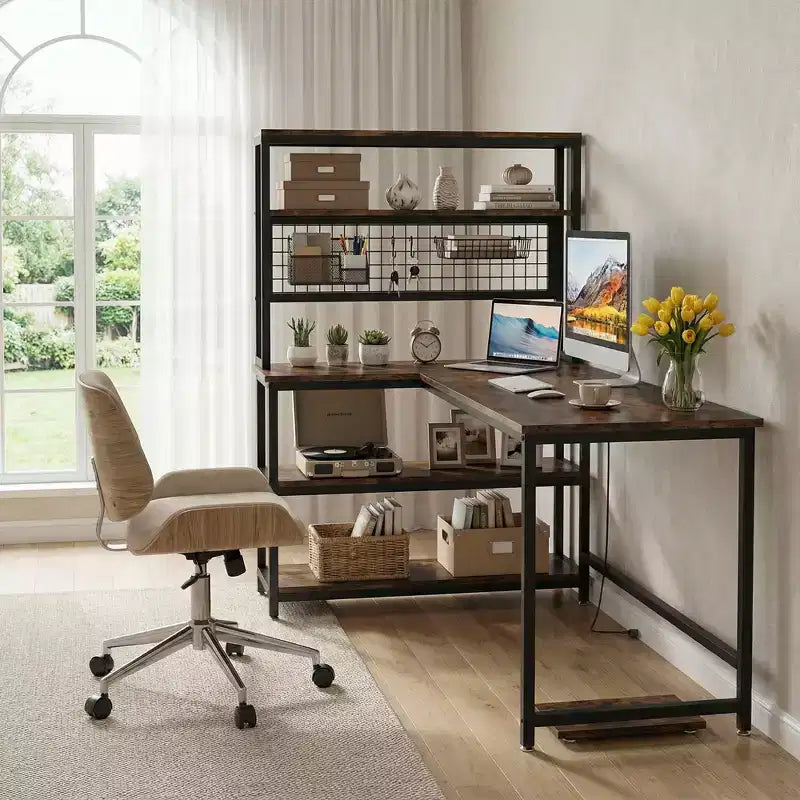 MAYEERTY 55 Large L-Shaped Office Desk with Built-In Charger, Waterproof Dustproof Corner Workstation with Storage Bookshelf for Home & Office