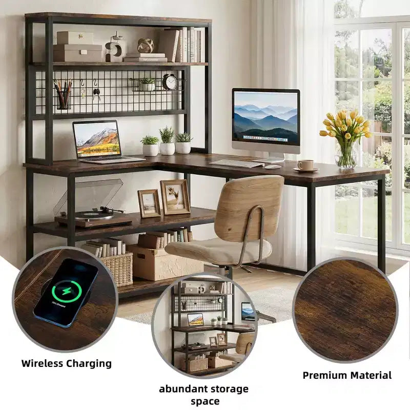 MAYEERTY 55 Large L-Shaped Office Desk with Built-In Charger, Waterproof Dustproof Corner Workstation with Storage Bookshelf for Home & Office