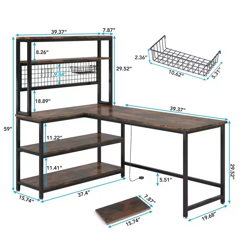 MAYEERTY 55 Large L-Shaped Office Desk with Built-In Charger, Waterproof Dustproof Corner Workstation with Storage Bookshelf for Home & Office