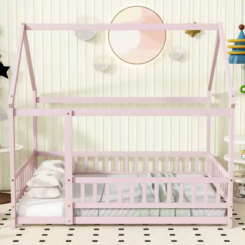 MAYEERTY Full House Floor Wooden Bed with Floor Frames, Safety Guardrails Pink