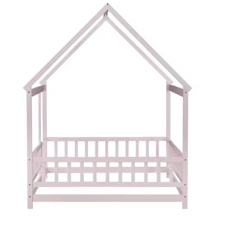 MAYEERTY Full House Floor Wooden Bed with Floor Frames, Safety Guardrails Pink