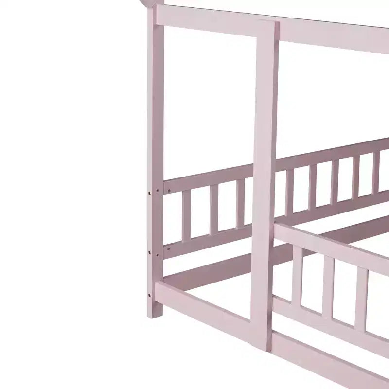 MAYEERTY Full House Floor Wooden Bed with Floor Frames, Safety Guardrails Pink