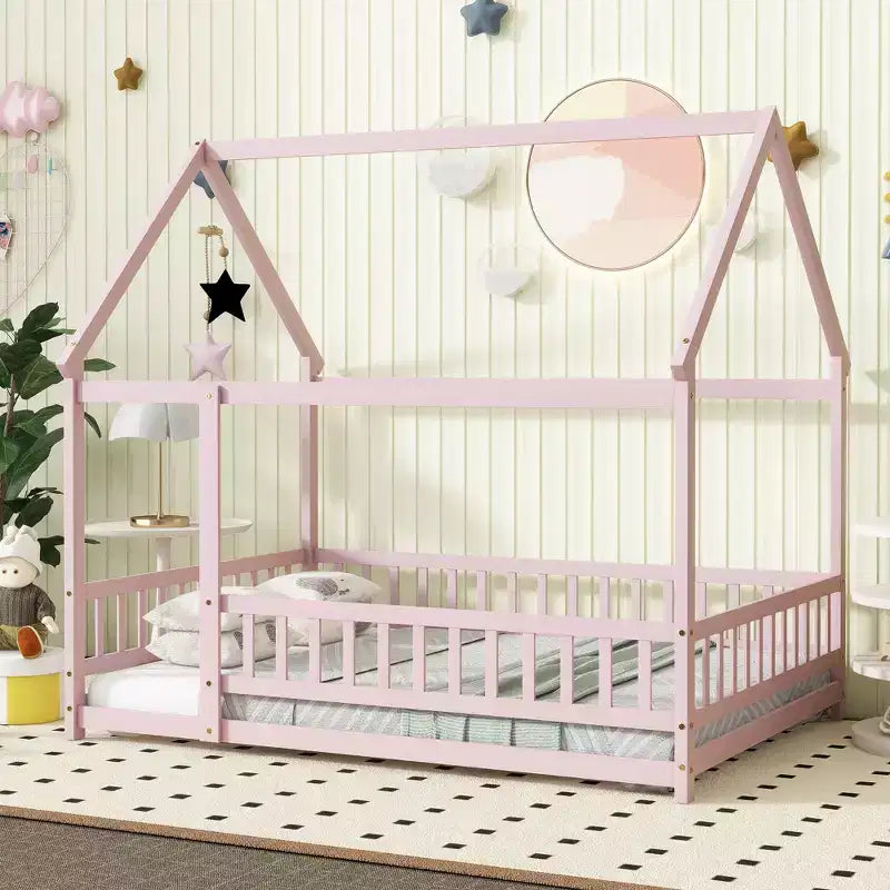 MAYEERTY Full House Floor Wooden Bed with Floor Frames, Safety Guardrails Pink