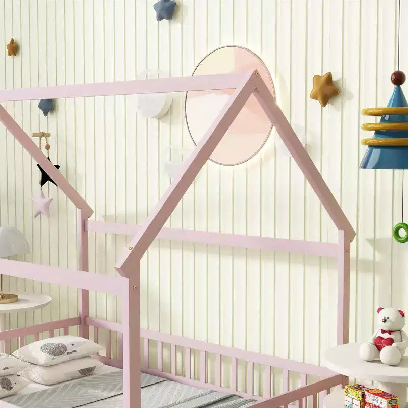 MAYEERTY Full House Floor Wooden Bed with Floor Frames, Safety Guardrails Pink