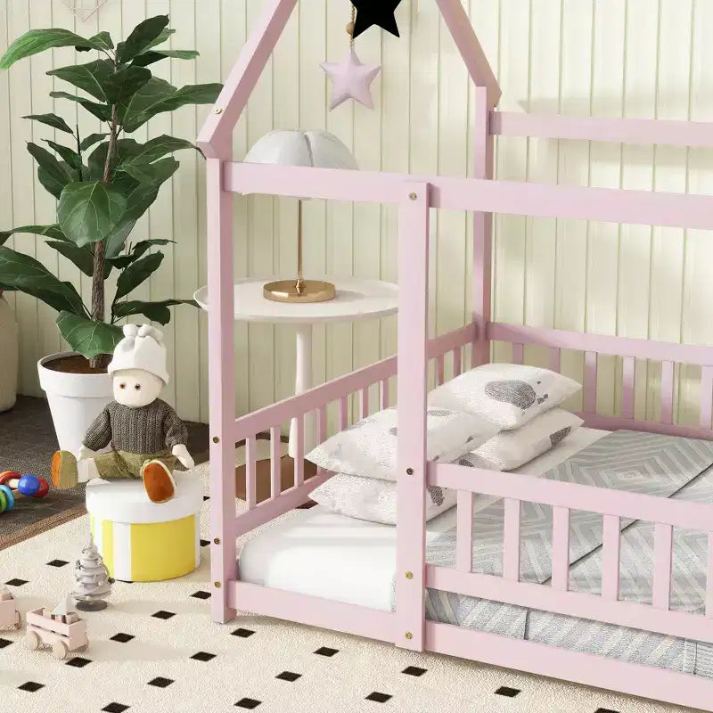 MAYEERTY Full House Floor Wooden Bed with Floor Frames, Safety Guardrails Pink