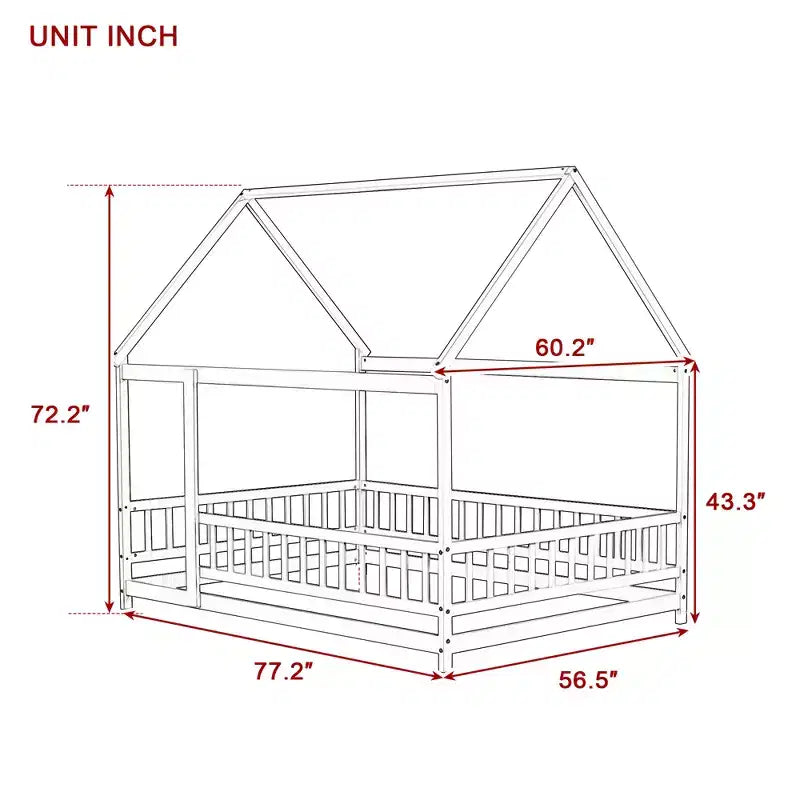MAYEERTY Full House Floor Wooden Bed with Floor Frames, Safety Guardrails Pink