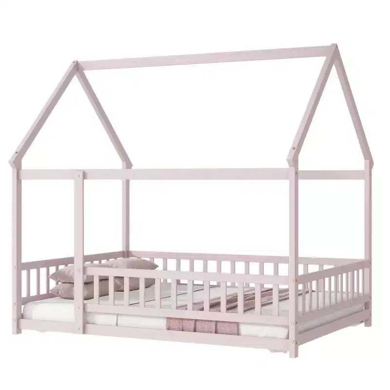 MAYEERTY Full House Floor Wooden Bed with Floor Frames, Safety Guardrails Pink
