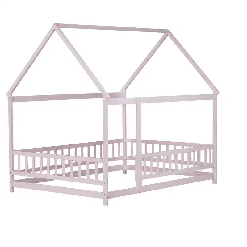 MAYEERTY Full House Floor Wooden Bed with Floor Frames, Safety Guardrails Pink