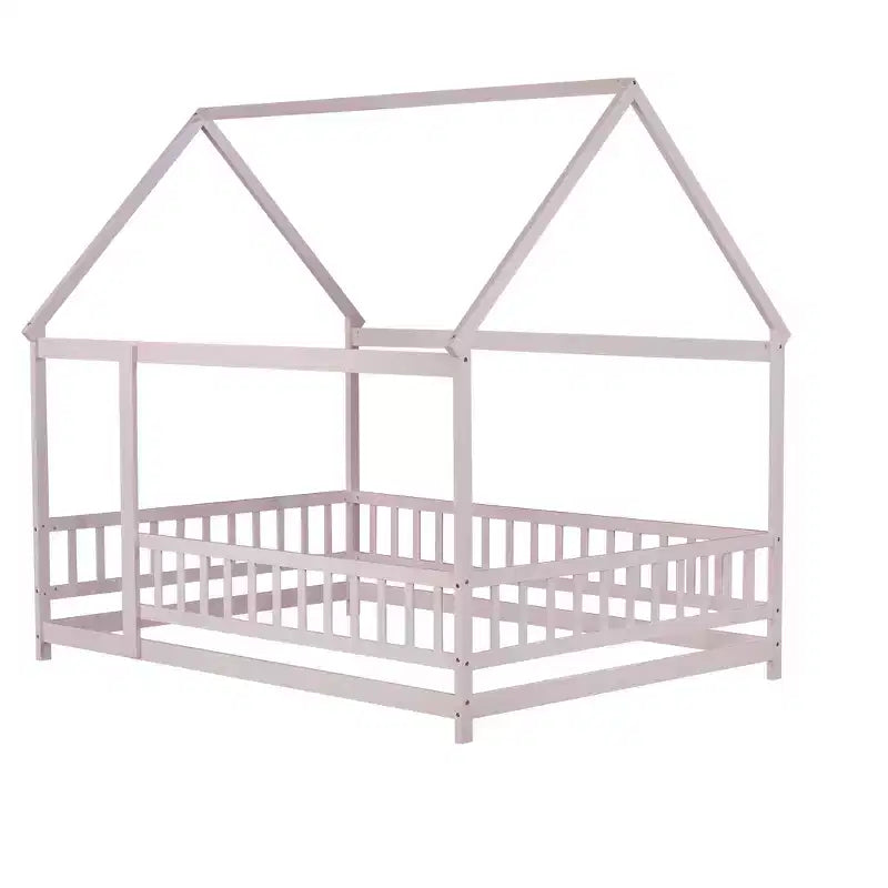 MAYEERTY Full House Floor Wooden Bed with Floor Frames, Safety Guardrails Pink