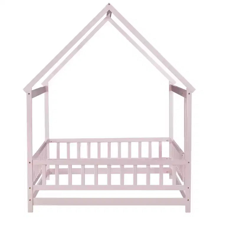 MAYEERTY Full House Floor Wooden Bed with Floor Frames, Safety Guardrails Pink