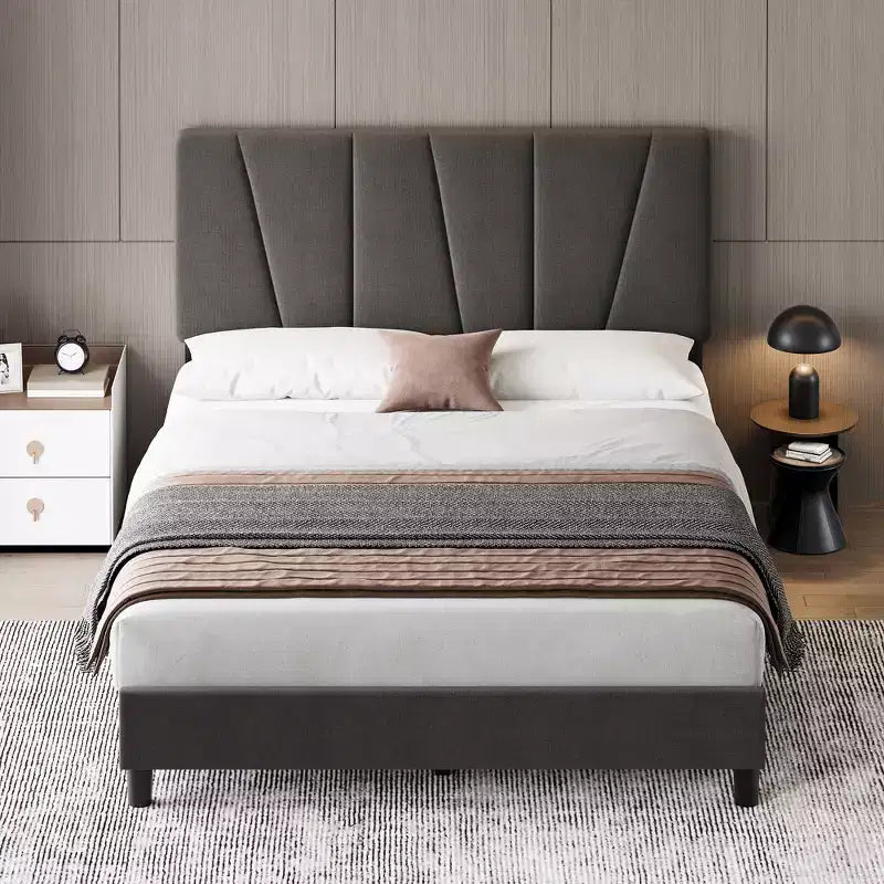 Upholstered Platform Bed Frame, Adjustable Headboard, Modern Noise Free Bed Frame, Sturdy Wooden Slats Support, No Box Spring Needed & Easy Assembly