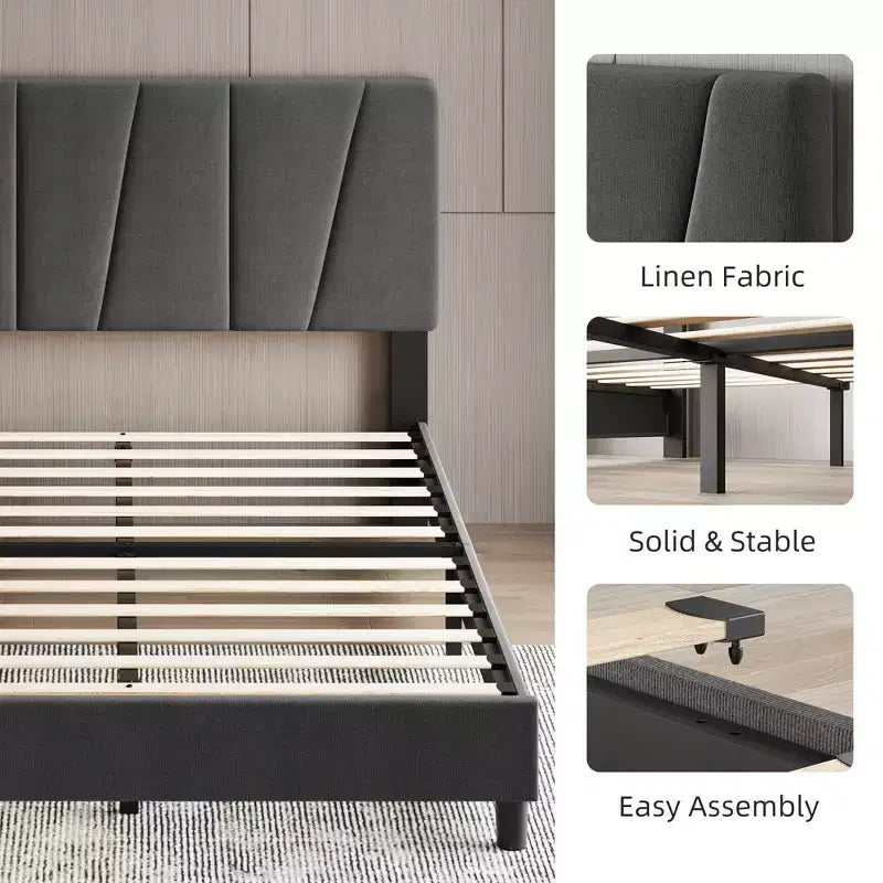 Upholstered Platform Bed Frame, Adjustable Headboard, Modern Noise Free Bed Frame, Sturdy Wooden Slats Support, No Box Spring Needed & Easy Assembly
