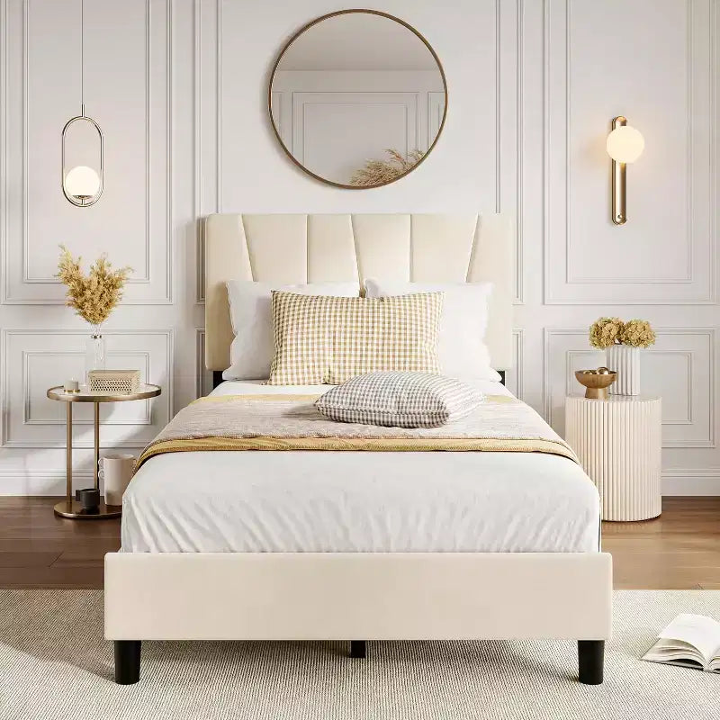 Upholstered Platform Bed Frame, Adjustable Headboard, Modern Noise Free Bed Frame, Sturdy Wooden Slats Support, No Box Spring Needed & Easy Assembly