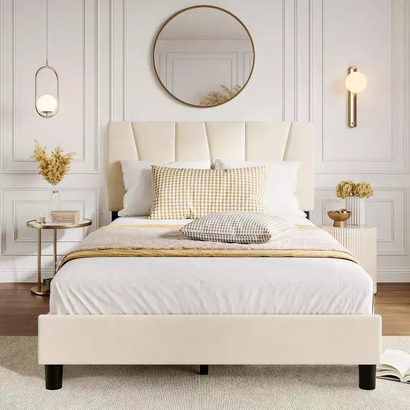 Upholstered Platform Bed Frame, Adjustable Headboard, Modern Noise Free Bed Frame, Sturdy Wooden Slats Support, No Box Spring Needed & Easy Assembly