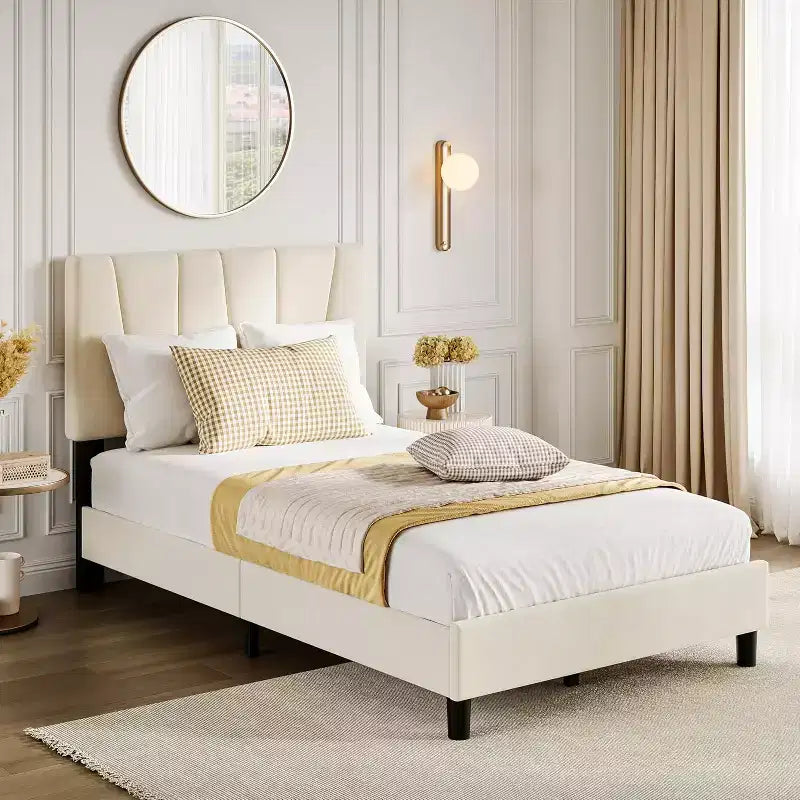 Upholstered Platform Bed Frame, Adjustable Headboard, Modern Noise Free Bed Frame, Sturdy Wooden Slats Support, No Box Spring Needed & Easy Assembly