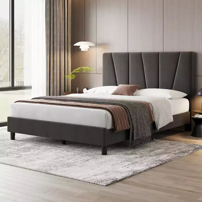 Upholstered Platform Bed Frame, Adjustable Headboard, Modern Noise Free Bed Frame, Sturdy Wooden Slats Support, No Box Spring Needed & Easy Assembly